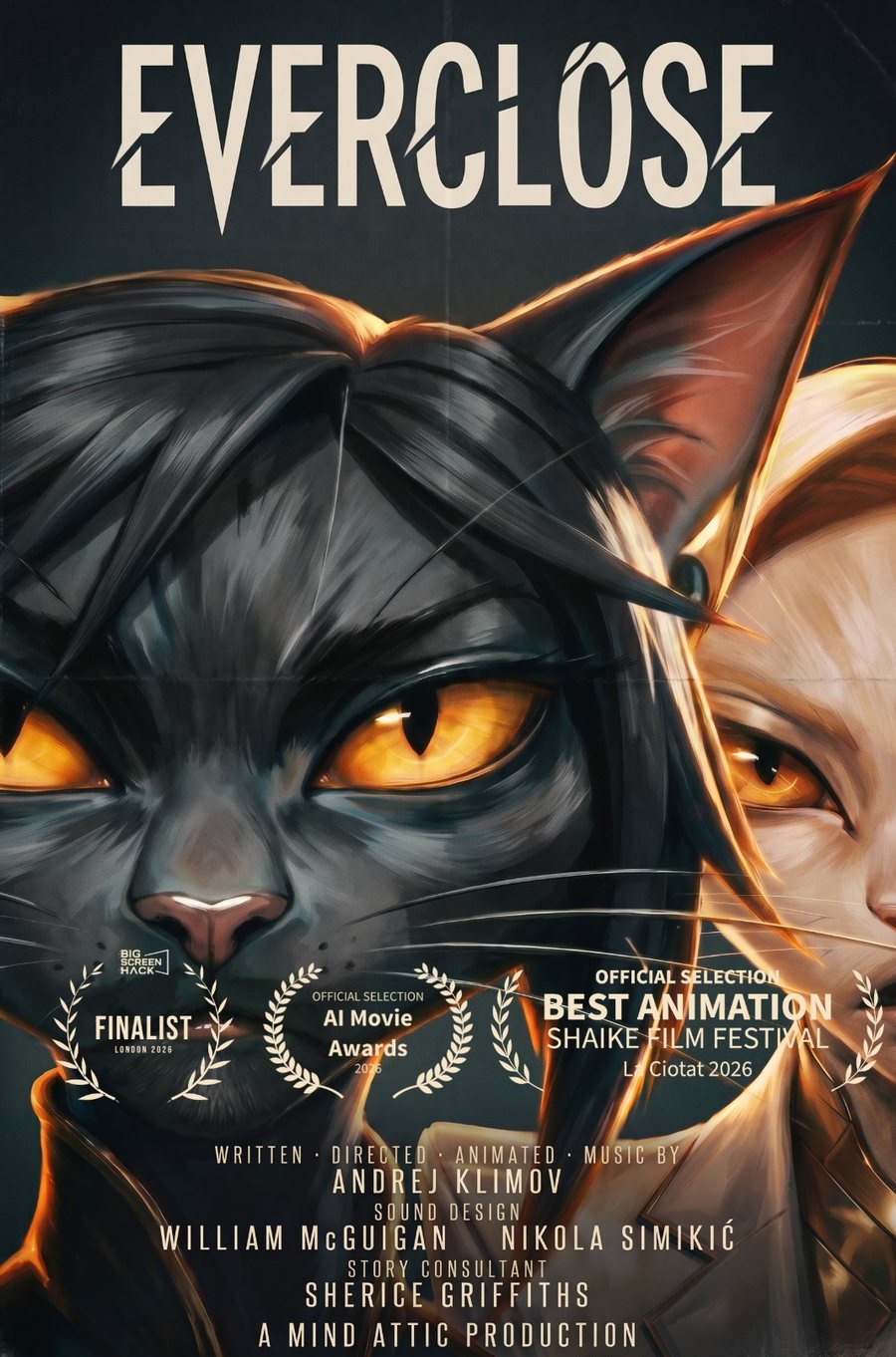 EVERCLOSE poster: Siera, a black cat with ember eyes, and Anora, a white cat, side by side