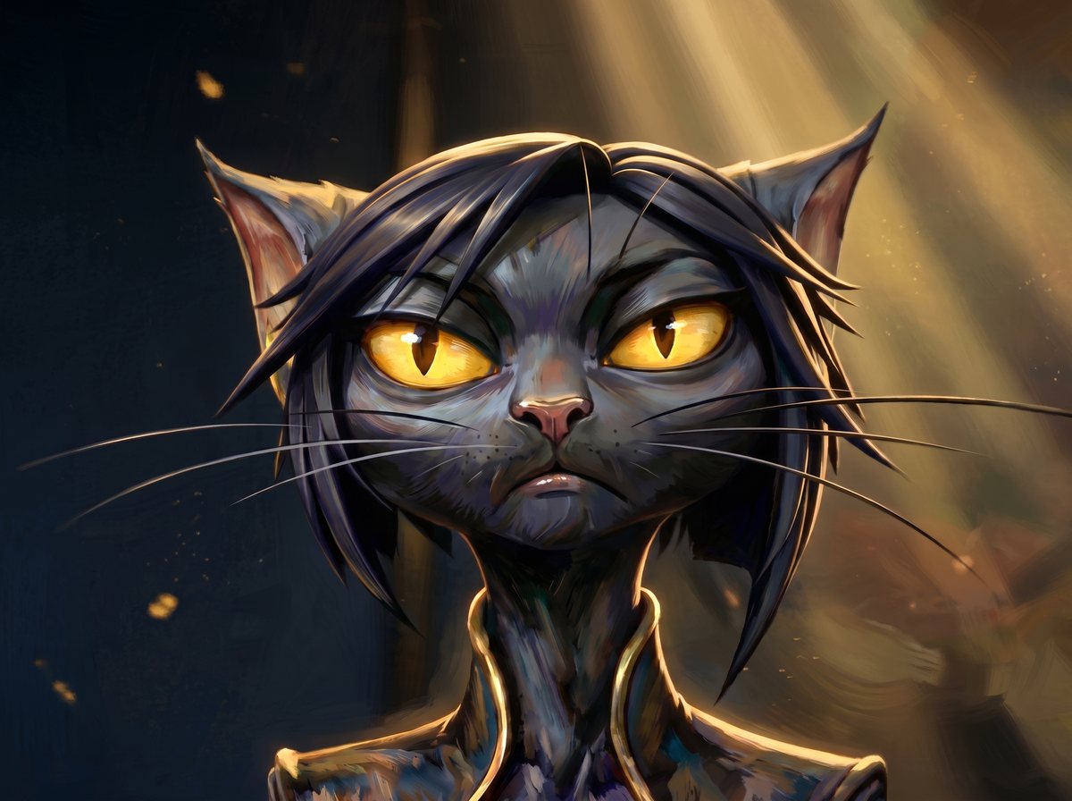 Siera: a dark grey cat with sharp black hair and fierce amber eyes, in a high gold collar, lit by shafts of golden light
